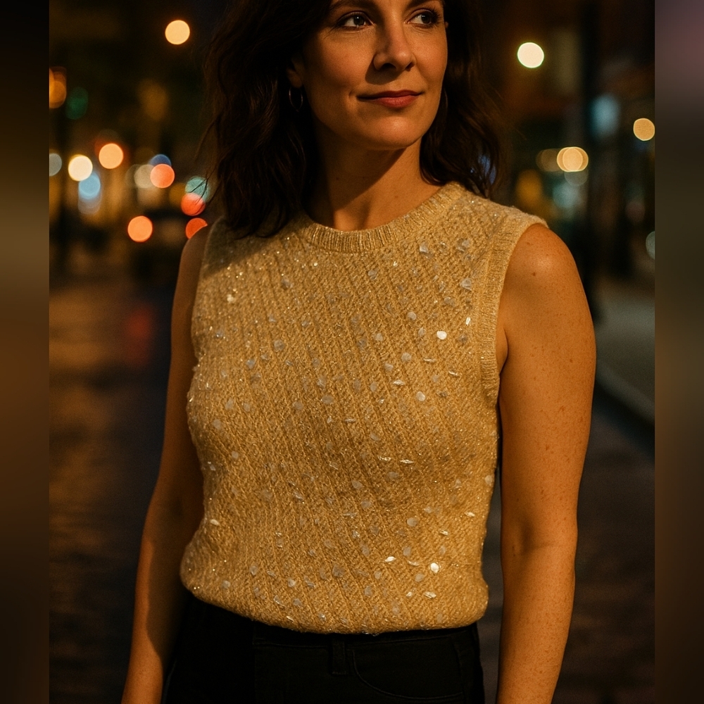 Vintage 60s CYN LES Hand Beaded Cream Wool Sequin Paillette Sweater‎ Vest Small